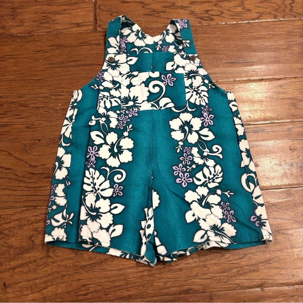 Baby overalls 18M Vintage made in Hawaii Tropical Floral Teal - Picture 1 of 6